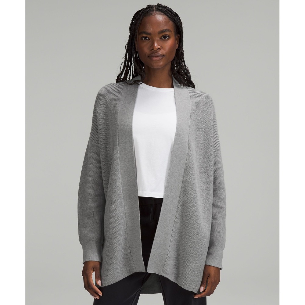 Lululemon Merino Wool Blend Ribbed Long Wrap Sweater Heathered Gull Grey Size 4